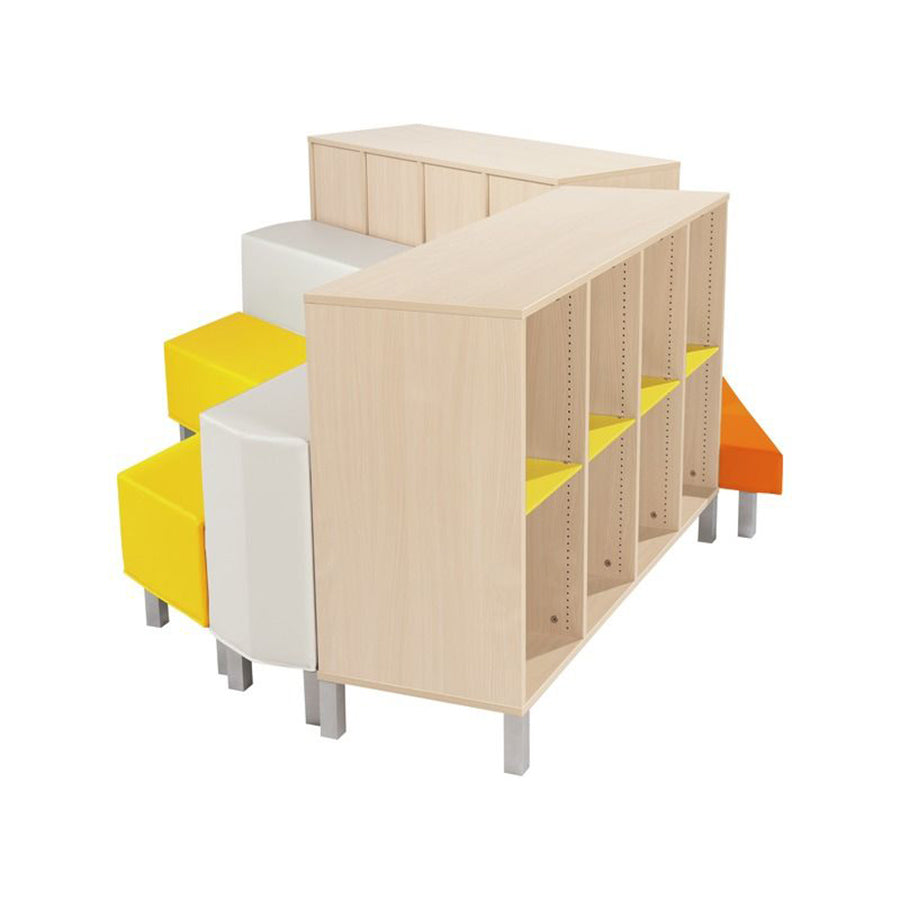 Wesco Delta Reading Island Kit With Metal Feet Modular seating with shelving cabinets side view yellow