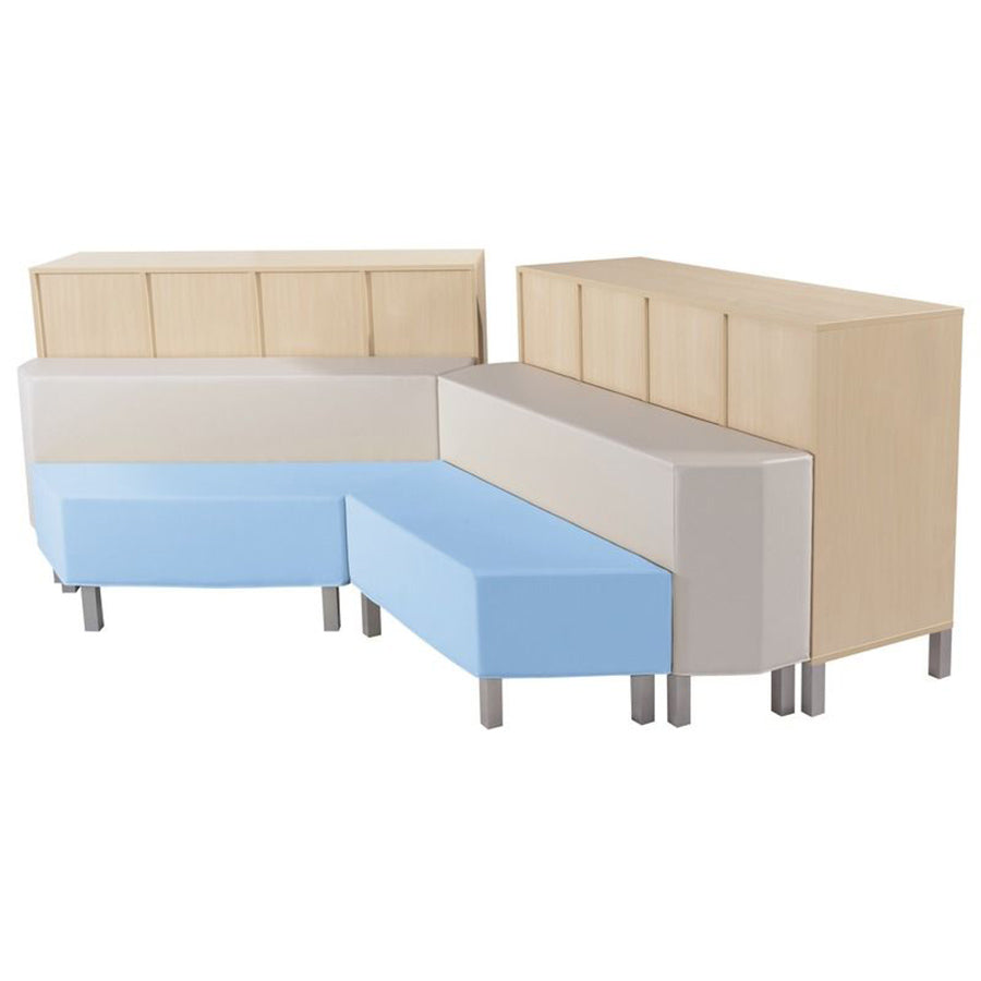 Wesco Delta Reading Island Kit With Metal Feet Modular seating with shelving cabinets front view blue