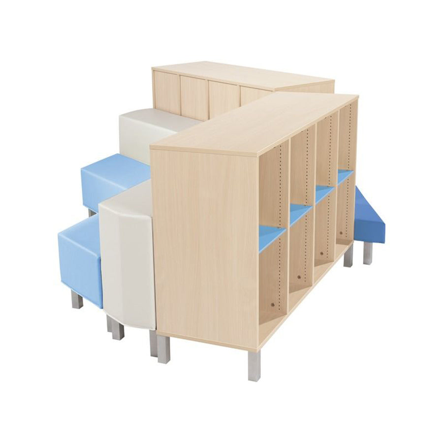 Wesco Delta Reading Island Kit With Metal Feet Modular seating with shelving cabinets side view blue