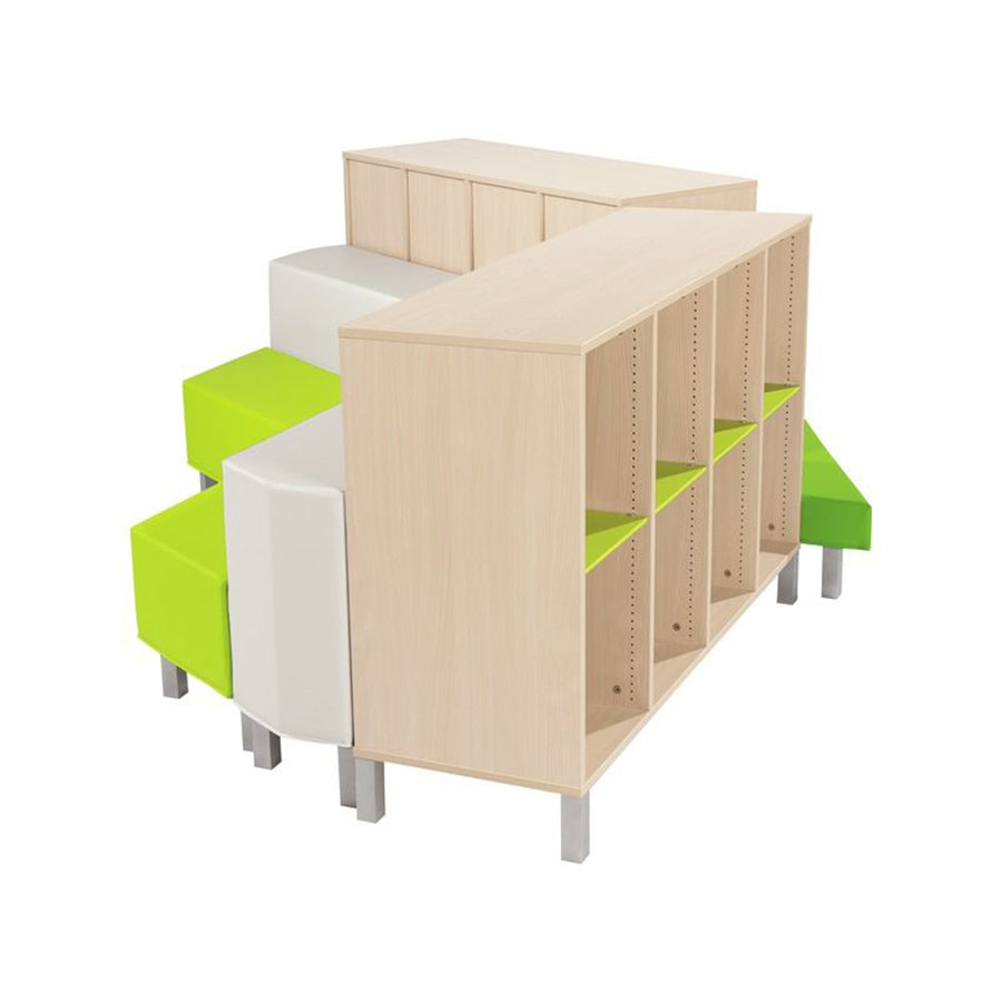 Wesco Delta Reading Island Kit With Metal Feet Modular seating with shelving cabinets side view green