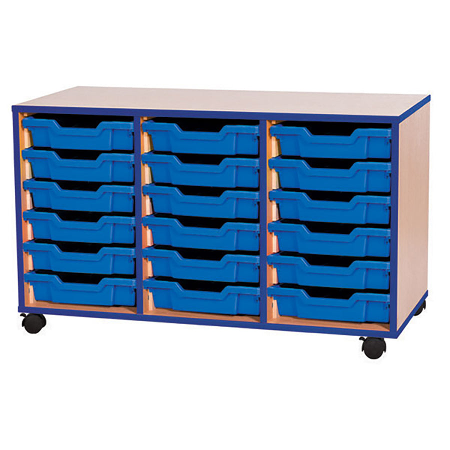 Tray Storage Mobile unit with 18 Gratnells trays and blue colour edge option