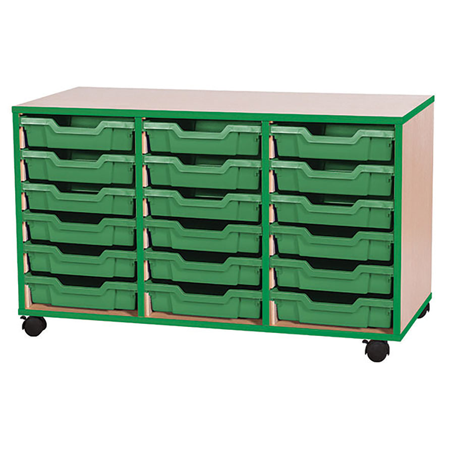 Tray Storage Mobile unit with 18 Gratnells trays and green colour edge option