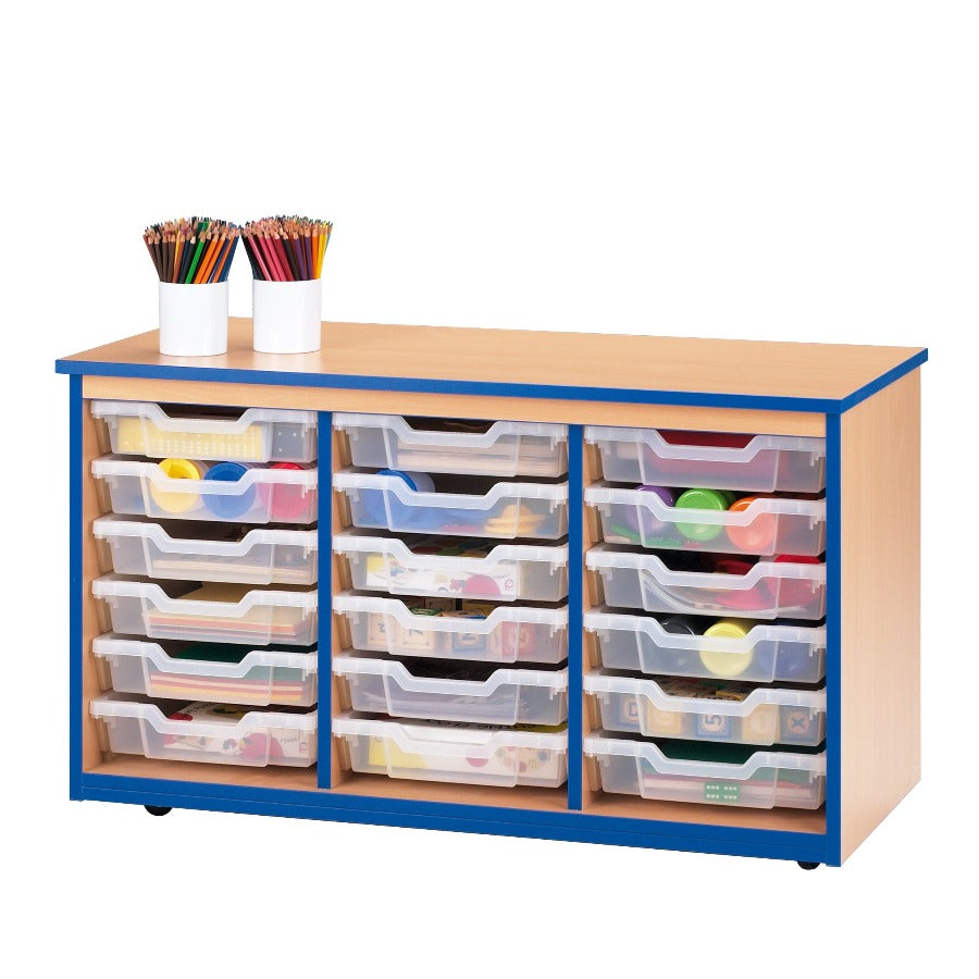 Tray Storage Mobile unit with 18 Gratnells trays and colour edge option